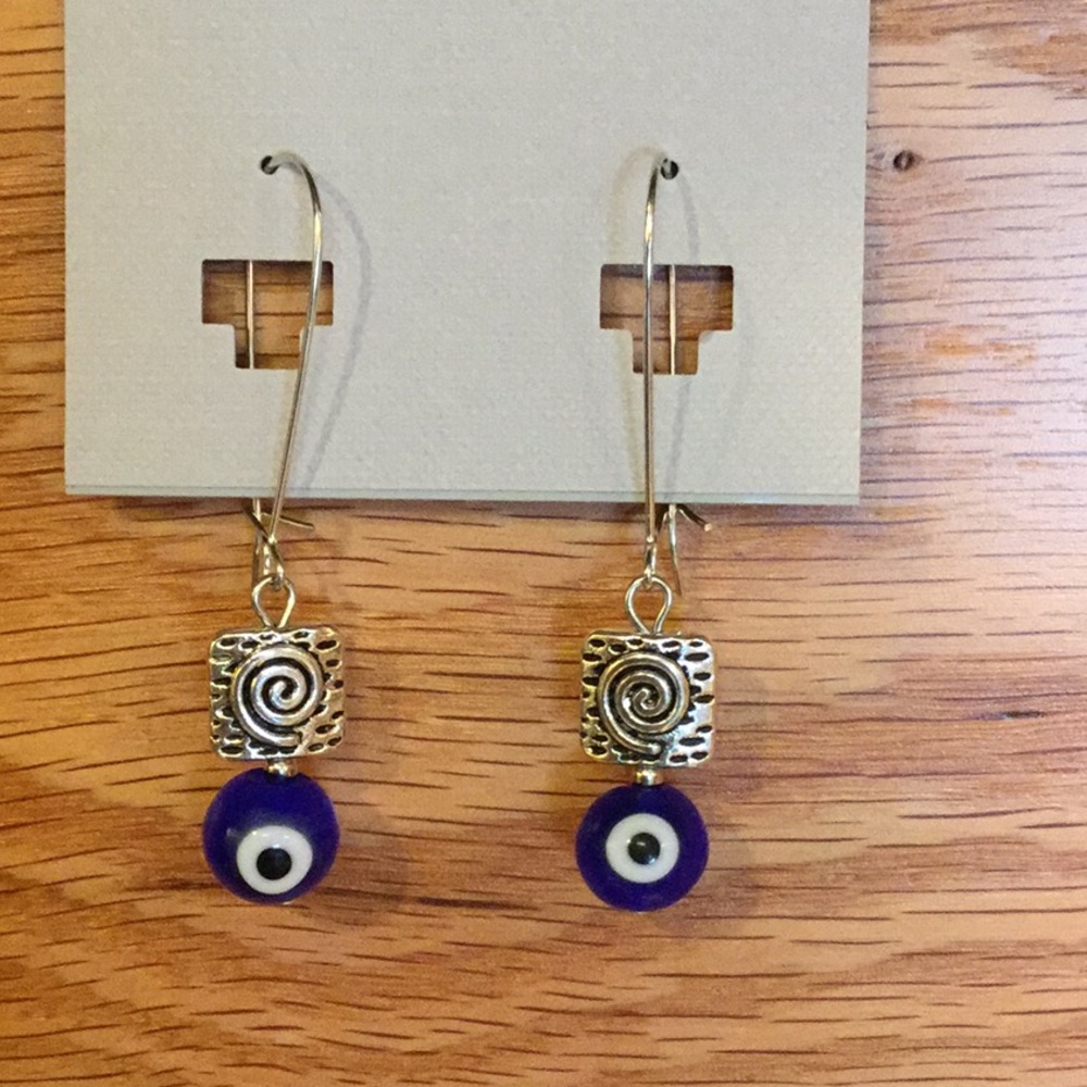 Blue Evil Eye and Pewter Earrings